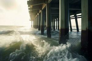 A photo of a pier with waves crashing under it.,Ai Generative