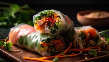 Fresh spring roll appetizer with vegetables and homemade sauce generated by AI photo