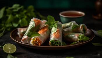 Fresh spring rolls with vegetables and seafood on wooden plate generated by AI photo