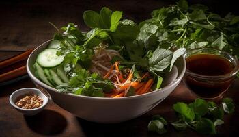 Fresco gastrónomo ensalada cuenco con orgánico vegetales y verde hierbas generado por ai foto