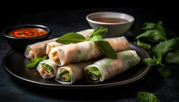 Fresh spring roll with pork and vegetables, served with sauce generated by AI photo