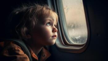 niño mirando mediante ventana en un divertido aventuras vacaciones viaje generado por ai foto