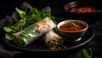 Fresh spring roll appetizer with vegetables and savory sauce wrapped up generated by AI photo