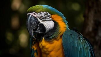 Vibrant macaw perching on branch, looking at camera, talking generated by AI photo