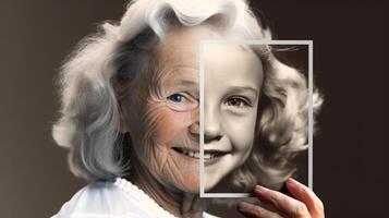 Elderly Woman With Wrinkled Skin Portrait Holding A Photo of Herself As A Young Girl With Perfect Skin - .