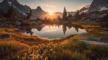 tranquilo montaña, lago y bosque paisaje escénico - generativo ai. foto