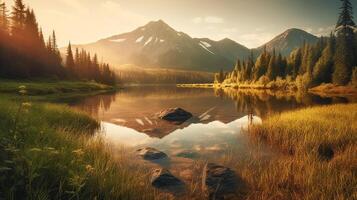 tranquilo montaña, lago y bosque paisaje escénico - generativo ai. foto