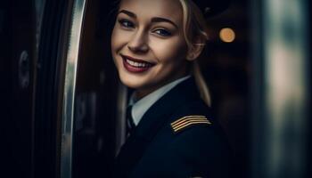 hermosa mujer de negocios en pie en frente de lujo auto, sonriente con confianza generado por ai foto