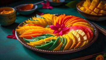 Fresco Fruta cuenco con multi de colores dulces y gastrónomo postres generado por ai foto