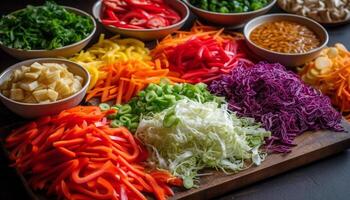 Fresco vegetariano taco ensalada con multi de colores verduras en rústico plato generado por ai foto