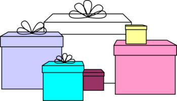 simple graphic drawing of multicolored gift boxes with black outline in different sizes, isolated element, decor png