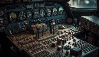 Speedometer gauge inside cockpit measures air vehicle speed and direction generated by AI photo