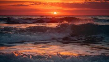 Sunset over water, nature beauty in tranquil seascape reflection generated by AI photo