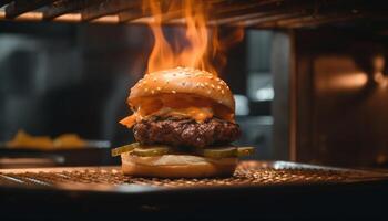 Grilled gourmet cheeseburger on rustic wood table, ready to eat generated by AI photo