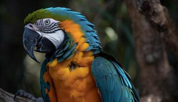 Multi colored macaw perching on branch in vibrant tropical rainforest generated by AI photo