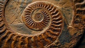 Ancient ammonite fossil, extinct animal shell, spiral pattern discovery generated by AI photo