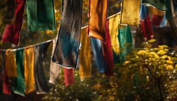 Vibrant silk garments drying on clothesline in indigenous celebration generated by AI photo