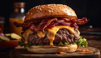 A la parrilla gastrónomo hamburguesa con queso en rústico bollo con Fresco coberturas generado por ai foto