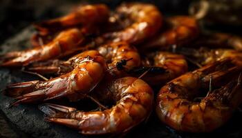 Grilled seafood plate with prawn, scampi, and lobster appetizers generated by AI photo