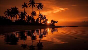 Silhouette of palm tree against orange sky over tranquil water generated by AI photo
