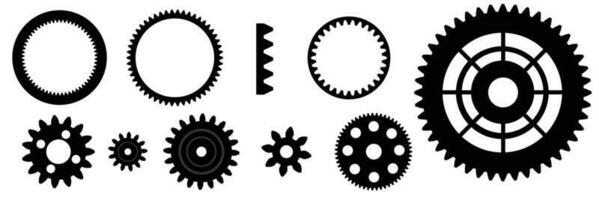 Gear setting vector icon set. Progress or construction concept. Isolated black gears mechanism and cog wheel. Cogwheel icons UI vector.