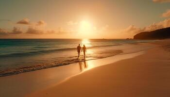 Silhouette couple walking waters edge at sunset generated by AI photo