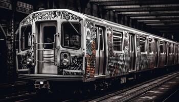 antiguo pasado de moda locomotora en ferrocarril pista en negro y blanco generado por ai foto