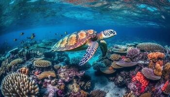 nadando con mar tortugas en tropical arrecife generado por ai foto