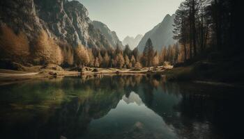 Majestic mountain peak reflects in tranquil pond generated by AI photo