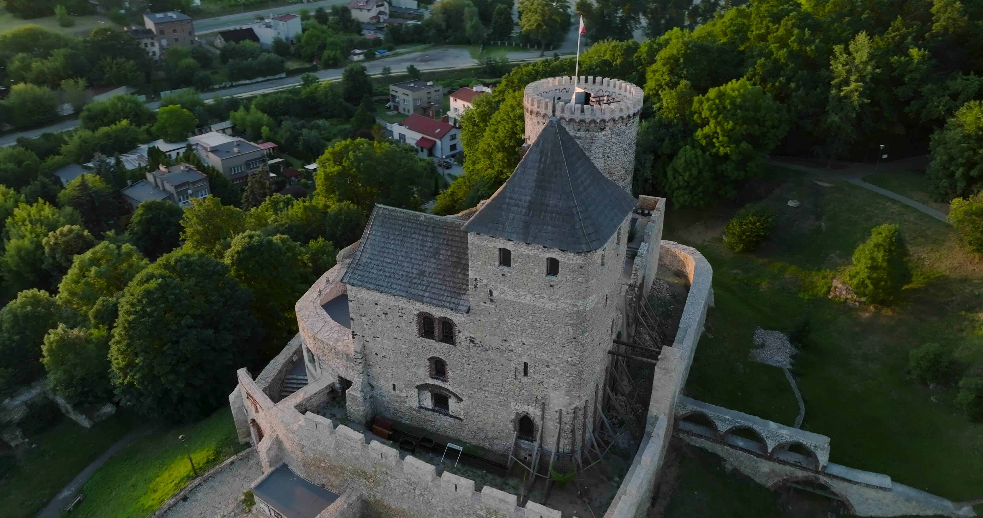 Aerial view of the Castle in Bedzin at sunset, Upper Silesia, Poland