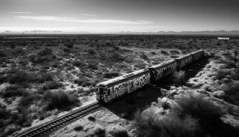 Vanishing point on railroad track through wilderness area generated by AI photo