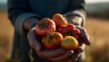 Man holding ripe tomato, harvesting fresh produce generated by AI photo