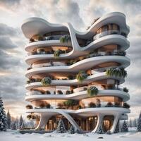 Landscape of a sci-fi futuristic vertical-garden-village residential building in nature, surrounded by lush snowy evergreen vegetation, at sunrise on a cloudy winter day - Illustration photo