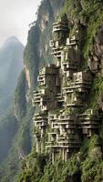 Landscape of an abandoned brutalist building structure built on mountainous rainforest terrain - Illustration photo