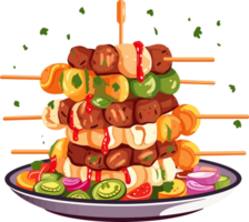 Turkish kebab and vegetables combination with wooden skewers on a plate png