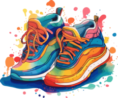 Vibrant Hand Drawn Watercolor Sneaker Art with Splash Effect png