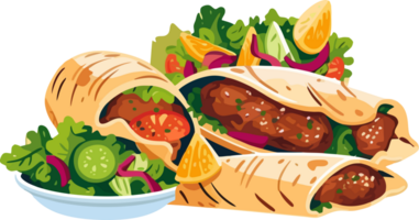 Turkish kebab in Shawarma bread complemented by fresh, crisp vegetables png