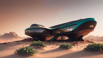 Landscape of a sci-fi futuristic cyberpunk house on the surface of planet Mars at dusk - Illustration photo