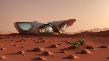 Landscape of a sci-fi futuristic cyberpunk house on the surface of planet Mars at dusk - Illustration photo