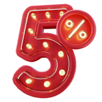 3d rendere di 5 sconto vendita neon tipografia png