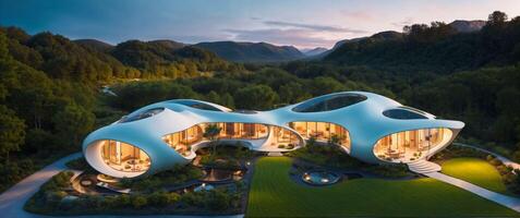Landscape of a sci-fi futuristic architecture style village in nature, at dusk, surrounded by lush deciduous vegetation - Illustration photo