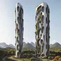 Landscape of a sci-fi futuristic skyscraper village masterplan in nature, surrounded by lush broadleaf vegetation - Illustration photo