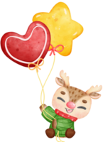 Cute happy Christmas reindeer holding festive balloons cartoon character watercolour hand painting png