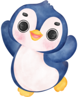 Adorable watercolor baby excited penguin with a joyful expression and happy pose, vibrant nursery children illustration hand painting png