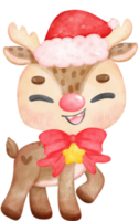 Cute reindeer Christmas wearing scarf and santa hat cartoon character watercolour hand painting png