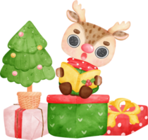 carino gioioso Natale renna su pila regalo scatole cartone animato acquerello png