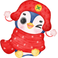 Cute happy joyful Christmas penguin in cozy sweater and scarf cartoon character watercolor hand drawing png