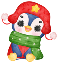 Cute happy joyful Christmas penguin in cozy sweater and scarf cartoon character watercolor hand drawing png