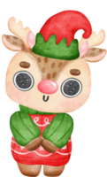 Cute and friendly Santa helper reindeer Christmas wearing elf hat cartoon character watercolour hand painting png