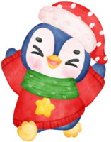 Cute happy joyful Christmas penguin in cozy sweater and scarf cartoon character watercolor hand drawing png